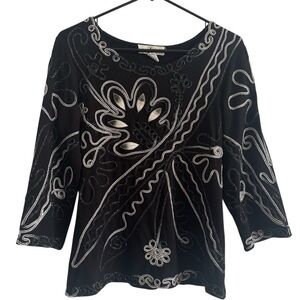 Once Again Black Silver Embroidered Glam 3/4 Sleeve Blouse Size Medium